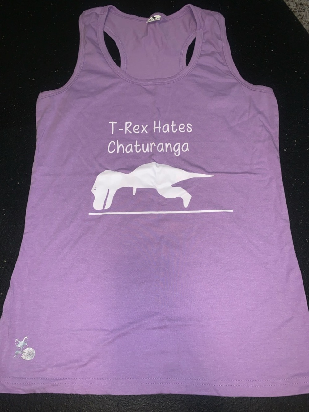 Per-fit Racerback Tank Top - “T-Rex Hates Chaturanga” - XL purple dinosaur yoga